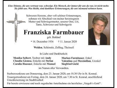 Traueranzeige Franziska Farmbauer Weiden Oberpfalzecho