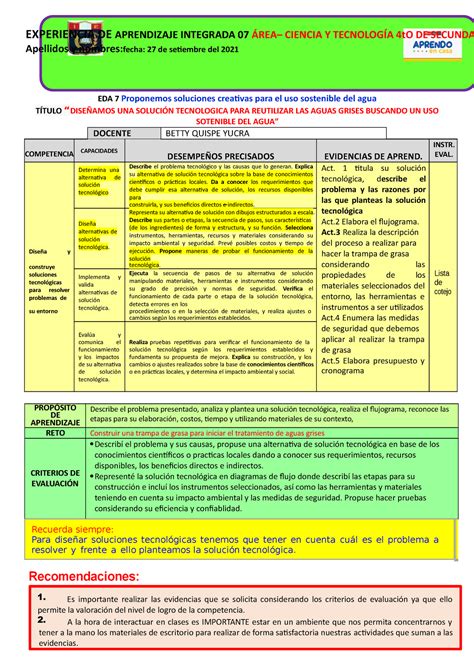 Ficha De Actividad C Y T To Dise A Experiencia De Aprendizaje