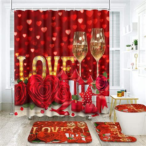 FRAMICS Valentine S Day Shower Curtain Sets With Rugs Red Rose