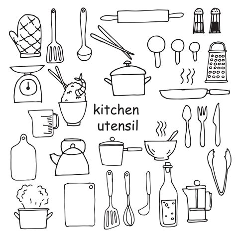 Vector Drawing In The Style Of Doodle Set Of Kitchen Utensils Elements