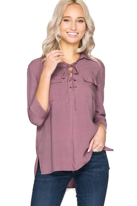 Lace Up Shirt With Pockets Dusty Mauve Laced Up Shirt Fashion Clothes Women Top Blouse