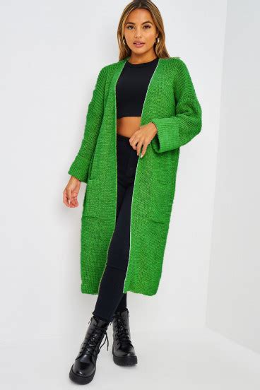 Gilet long vert en mailles ceinturé Brentiny Paris