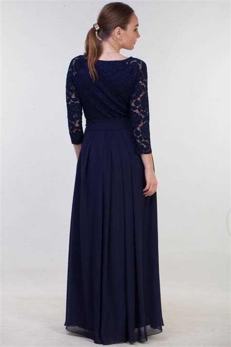 Long Navy Blue Bridesmaid Dress With Sleeves Modest Lace Prom Etsy