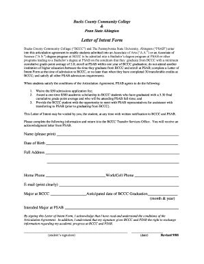 Fillable Online Bucks Letter Of Intent Form Bucks County Community