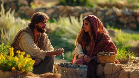 Jesus And The Samaritan Woman At The Well Premium Ai Generated Image