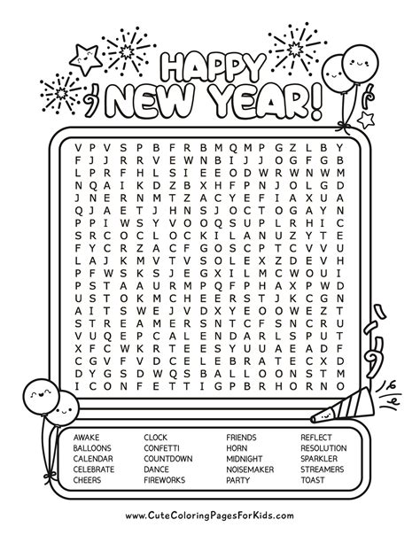 New Years Word Search Free Printable Pdf Cute Coloring Pages For Kids