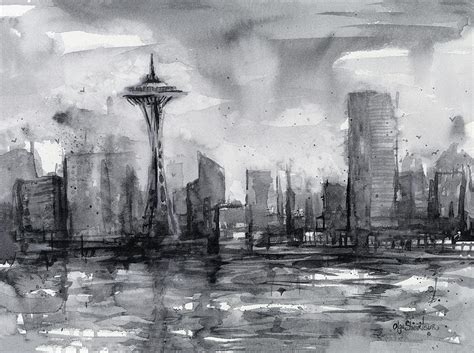 Seattle Skyline Painting Watercolor Painting by Olga Shvartsur - Pixels