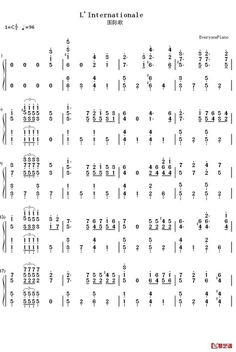 国际歌钢琴简谱 数字双手 欧仁·鲍狄埃（eugène Edine Pottier） 简谱网