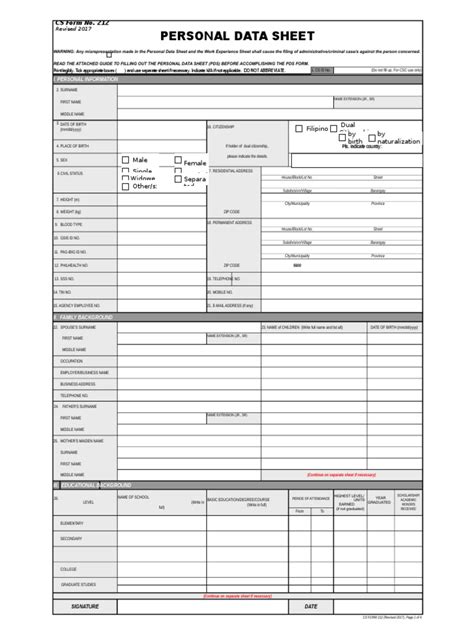 032117 Cs Form No 212 Revised Personal Data Sheet2017 Passport Crimes