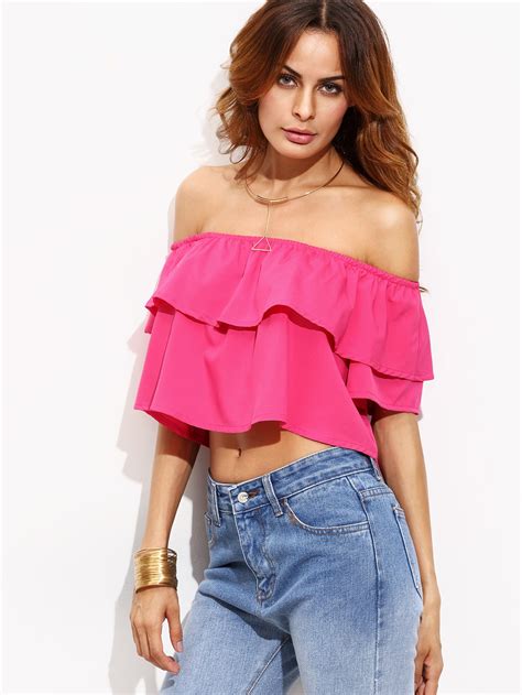 Hot Pink Off The Shoulder Ruffle Top Shein Sheinside