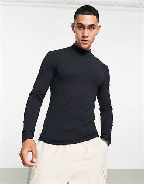 Asos Design Long Sleeve Muscle T Shirt With Turtleneck In Black Asos