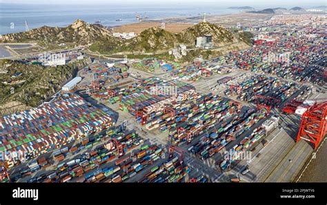 Aerial Photo Shows Large Container Vessels Berthing At Yangshan Deep