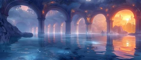 Sunset View Of A High Elf Palace With Navy Blue Architecture And Arched Bridges Over Oasis