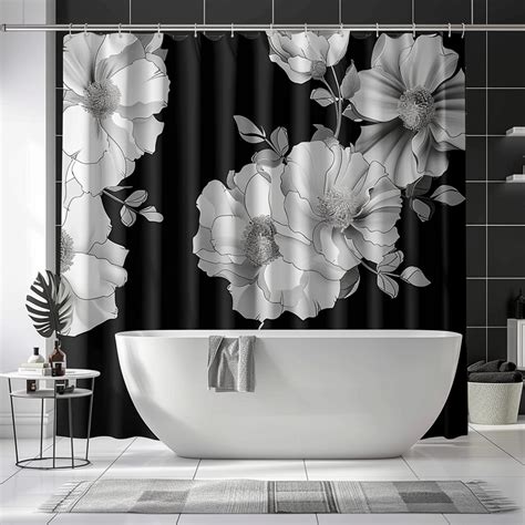 Monochrome Blooms Elegant Black And White Floral Shower Curtain For