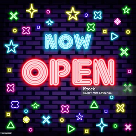 Now Open Neon Sign On Brick Wall Background Neon Text Stock Illustration Download Image Now