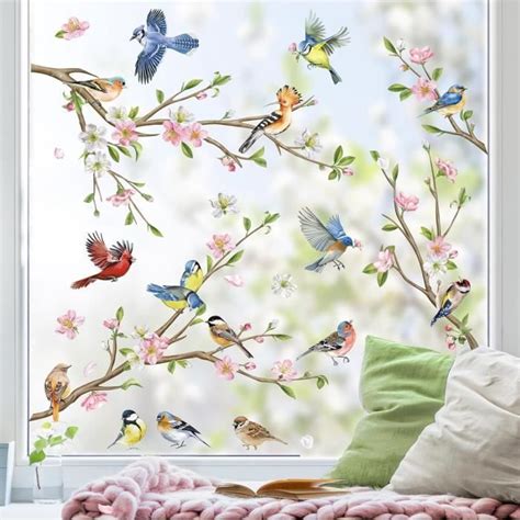 Stickers Fenetre Oiseaux Sur Branches Autocollant Fenêtre Colibri