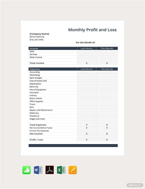 Monthly Profit and Loss Template in Numbers, Word, PDF, Excel, Pages ...