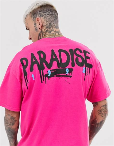 Boohooman Paradise Spray Oversized Front And Back Print T Shirt In Pink