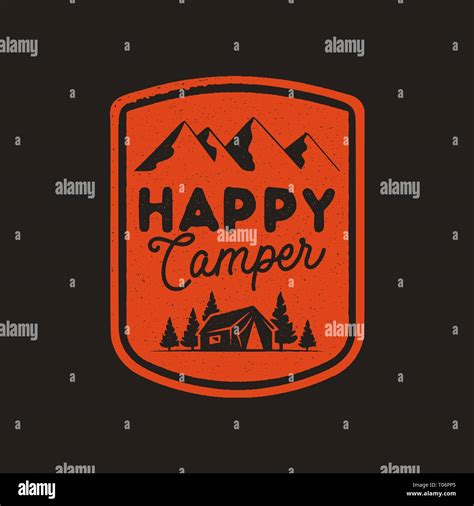 Hand Drawn Travel Badge With Mountains Trees Tent And Quote Happy