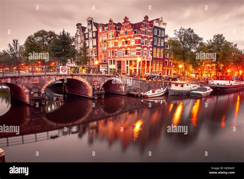 Night City View Of Amsterdam Canal And Bridge Stock Photo Alamy