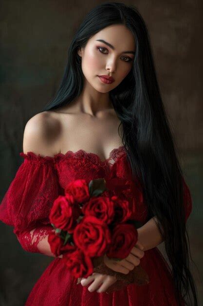 Premium Photo Beautiful Brunette With Long Black Hair Wearing A Red Dress With Red Roses