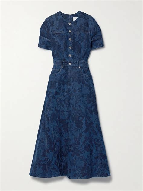 ERDEM Leather Trimmed Floral Print Denim Midi Dress Denim Midi Dress