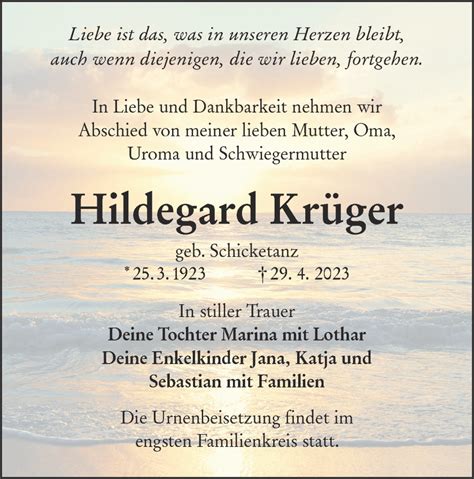 Traueranzeigen von Hildegard Krüger lr online trauer de