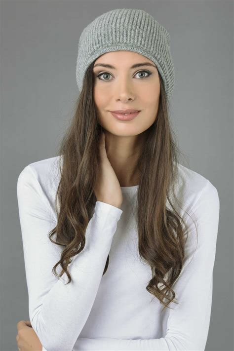 Pure Cashmere Ribbed Knitted Slouchy Beanie Hat In Light Grey