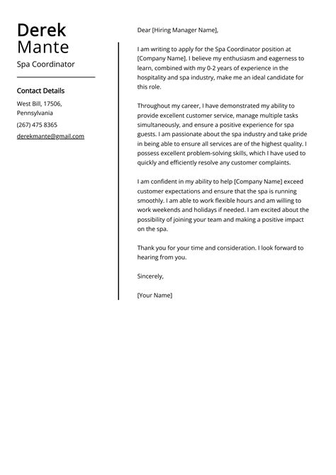 Spa Coordinator Cover Letter Example Free Guide