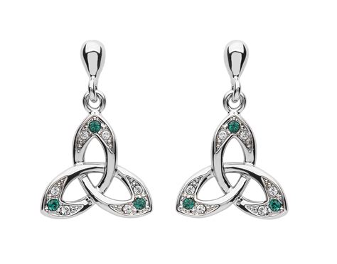 Platinum Plated Trinity Knot Drop Earrings With Green And Clear