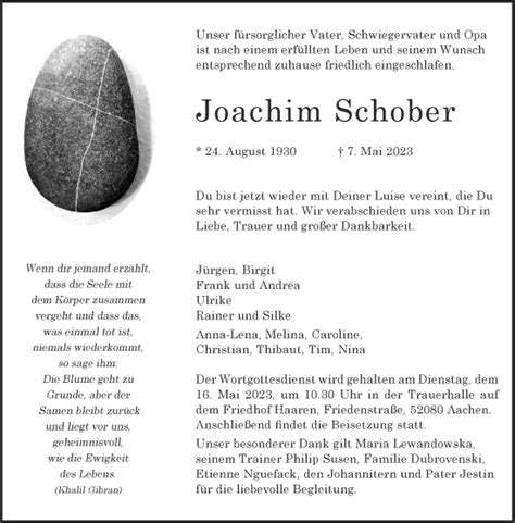 Traueranzeigen Von Joachim Schober Aachen Gedenkt