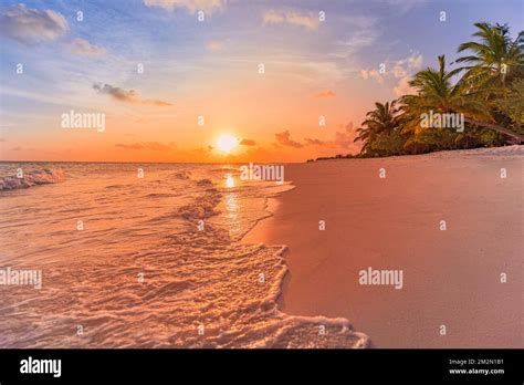 Fantastic Closeup View Of Calm Sea Water Waves Orange Sunrise Sunset