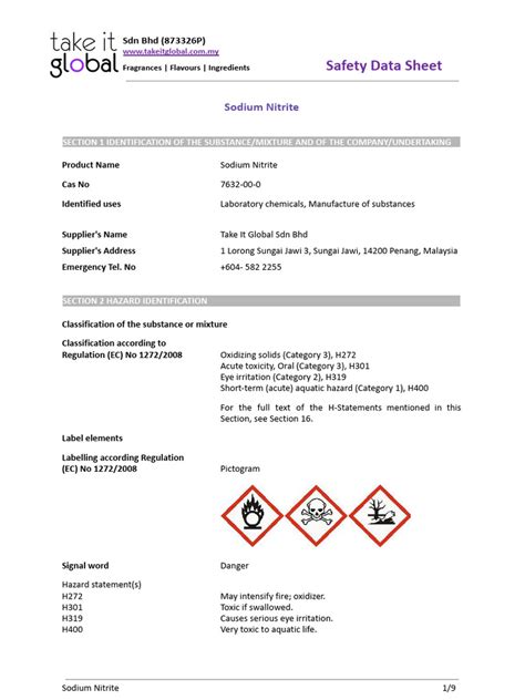 Sodium Nitrite MSDS (1) | Download Free PDF | Toxicity | Chemical ...