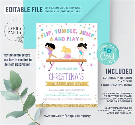 Editable Gymnastic Invitation Gymnastics Birthday Invite Girls