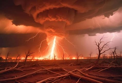 Dramatic And Powerful Tornado Lightning Thunderstorm Flash Over The