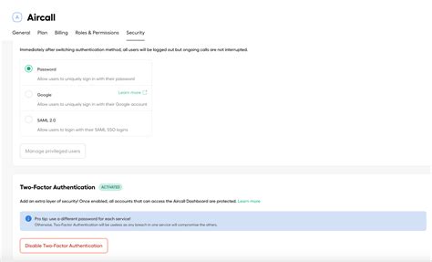 Enabling Two Factor Authentication Aircall
