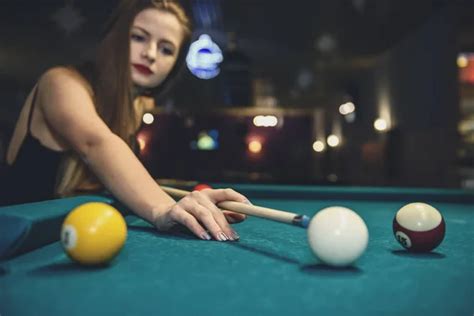 Beautiful Young Girl Playing Billiards Sexy Woman In Billiard R Stock