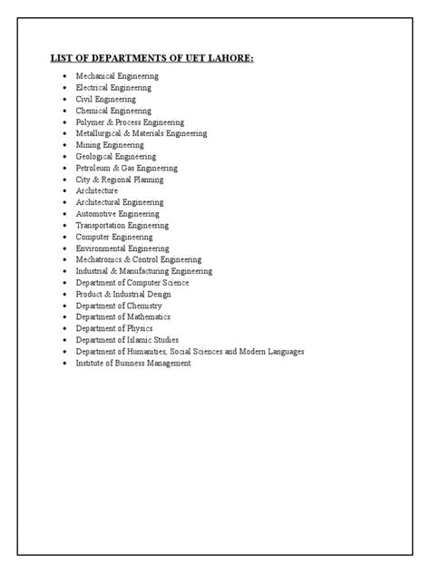 List of Departments of Uet Lahore | PDF