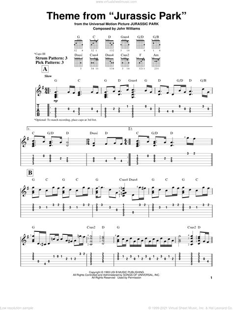 Williams Theme From Jurassic Park Sheet Music For Guitar Solo Easy Tablature