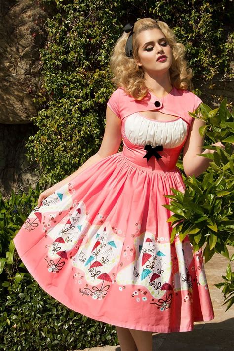 50s Evelyn Dress In Bright Pink With Umbrella Print