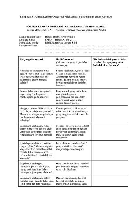 Lampiran 3 Format Lembar Observasi Pelaksanaan Pembelajaran Untuk