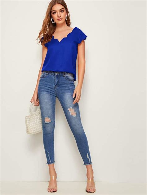 EMERY ROSE Double V Neck Scallop Edge Top SHEIN UK