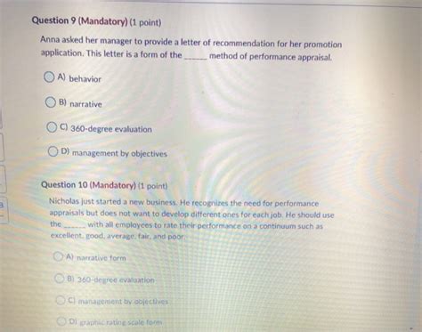 Solved Question 9 Mandatory 1 Point Anna Asked Her Chegg