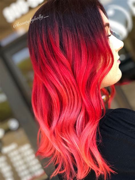 Red Ombré Bright Red Hair Red Hair Red To Pink Ombré Red Hair Hair Color Crazy Bright Red