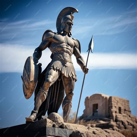 Una estatua de un guerrero griego con un escudo y una lanza. | Foto Premium