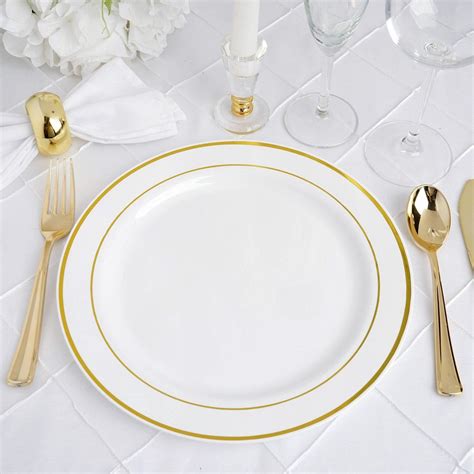 10 Pack Très Chic Gold Rim White Plastic Dinner Plates Disposable Party Plates 10 Plastic