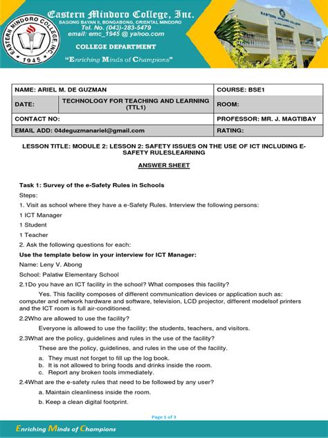 Module 2 Lesson 2 Safety Issues On The Use Of Ict Including E