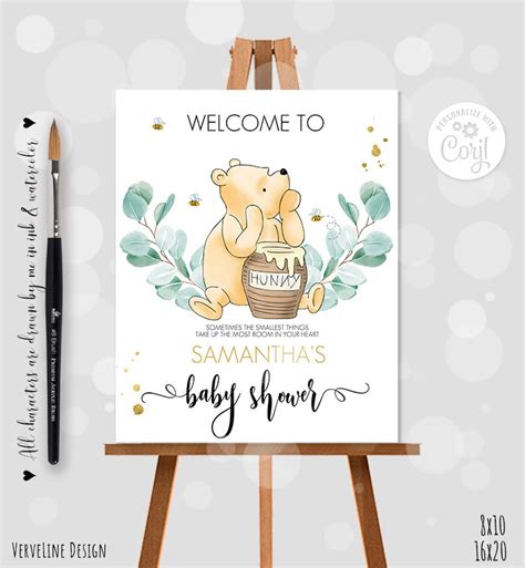 Editable Welcome Sign Classic Winnie The Pooh Baby Shower Eucalyptus