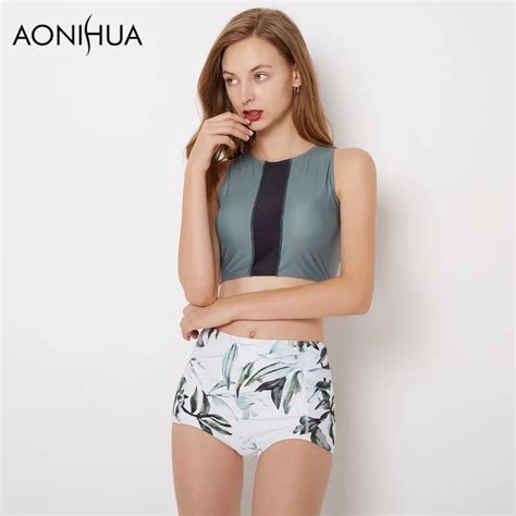 AONIHUA Quiet Rogue 2018 High Waist Bikini Set Women Leaves Print