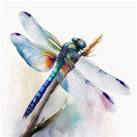 A Painting Of A Dragonfly Sitting On Top Of A Plant With Its Wings Spread